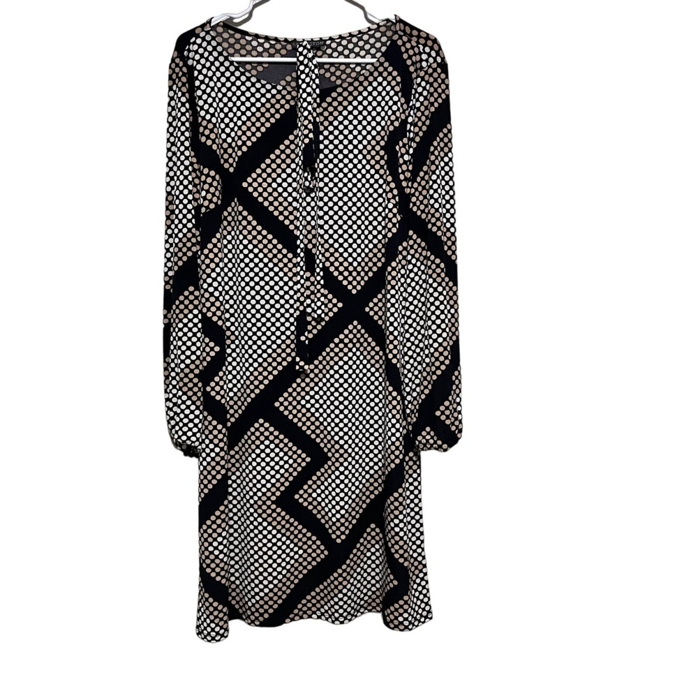 Covington Shift Dress Womens Black Tan Geometric Polka Dot Tie Neck Large